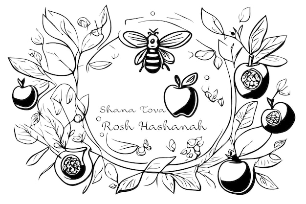 Sketch Rosh Hashanah biglietto di auguri shana tova ebraico festa di Capodanno barattolo di miele mela e
