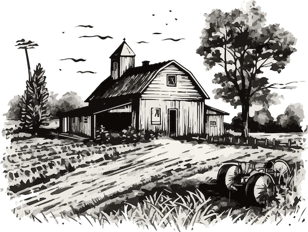 Sketching Tranquility Pencil Art Mostra gli agricoltori Case di campagna Bovini e vita serena