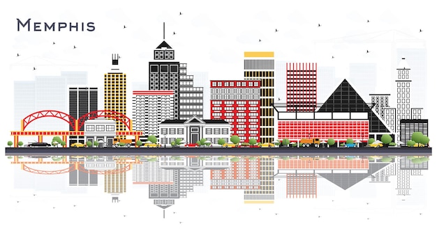Skyline della città di Memphis, Tennessee, con edifici a colori e riflessi isolati su bianco