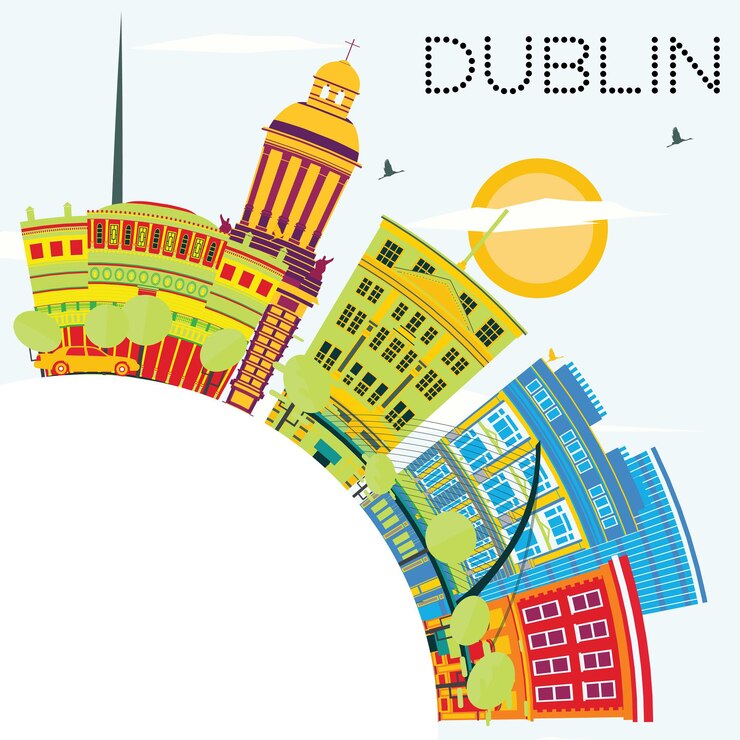 Vettore skyline di dublino con edifici di colore, cielo blu e spazio di copia. illustrazione di vettore. viaggi d'affari e concetto di turismo con architettura storica. immagine per presentazione e banner.