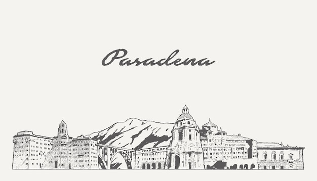 Skyline di Pasadena, California, USA, illustrazione vettoriale disegnata a mano, schizzo