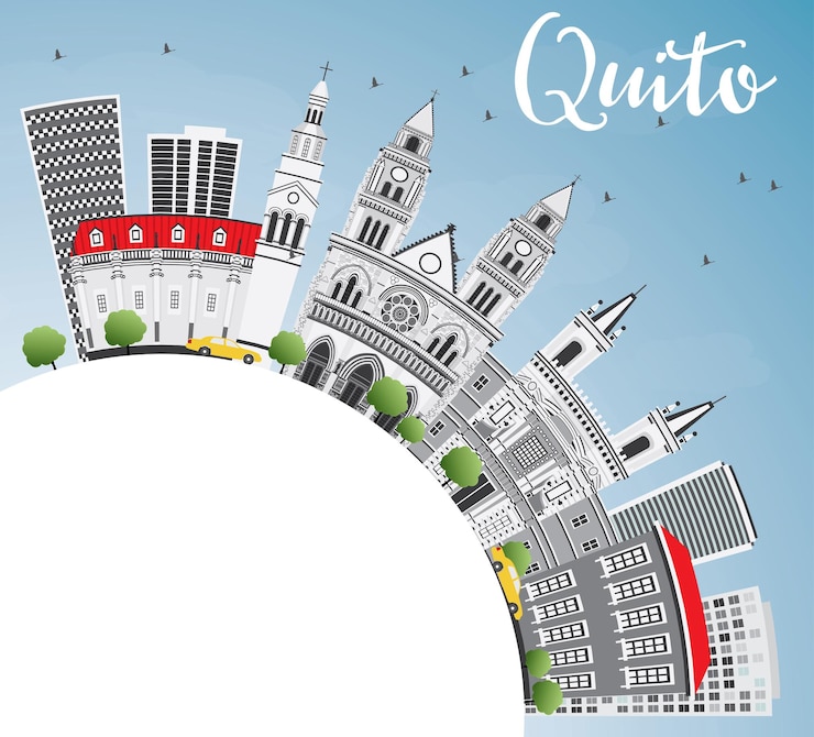 Vettore skyline di quito con edifici grigi, cielo blu e spazio di copia. illustrazione di vettore. viaggi d'affari e concetto di turismo con architettura storica. immagine per presentazione banner cartellone e sito web.