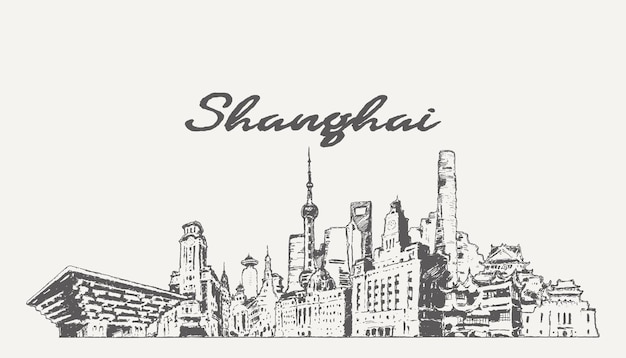 Skyline di Shanghai, Cina, illustrazione vettoriale disegnata a mano, schizzo