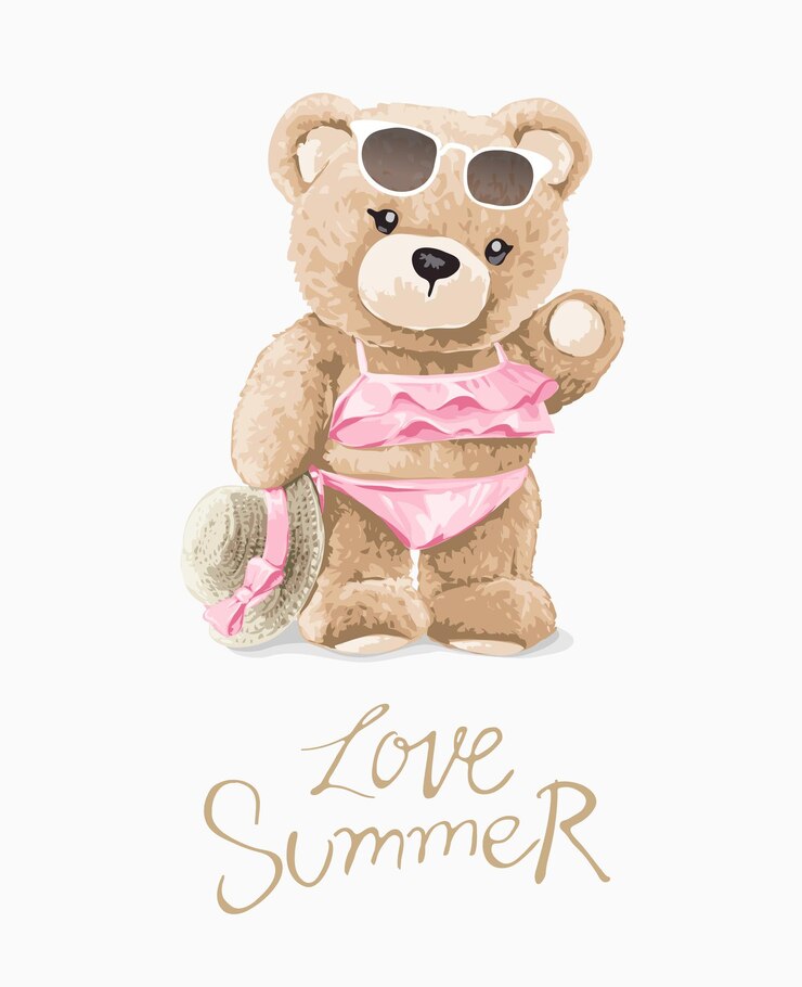 slogan d'amore estivo con carina bambola orso femminile in bikini rosa illustrazione vettoriale