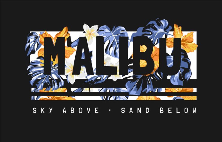 Slogan di Malibu con foglie di palma astratte e fiori esotici