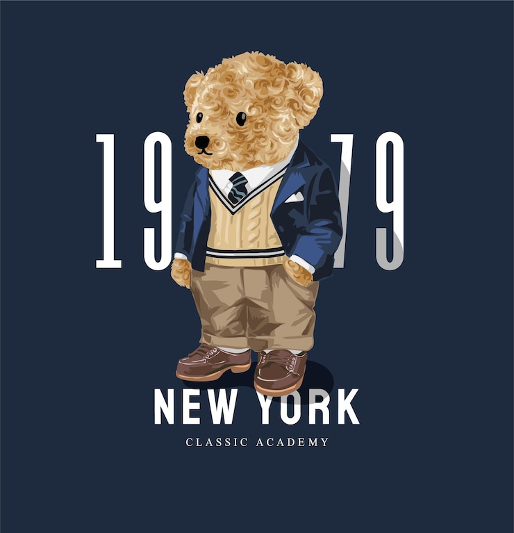 Slogan di New York con la bambola dell'orso carino nell'illustrazione del maglione e del blazer