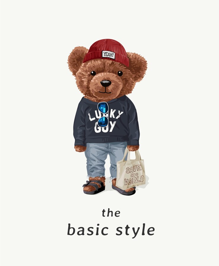 slogan di stile di base con il giocattolo dell'orso nell'illustrazione del costume di moda di strada