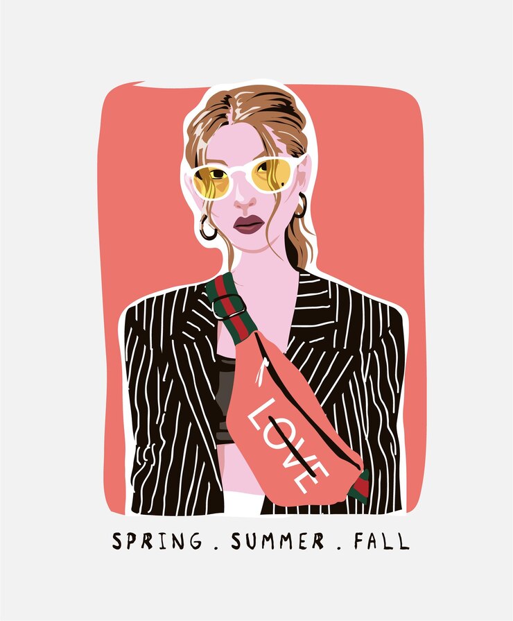 Vettore slogan primavera estate e autunno con modello di moda e borsa pettorale illustrazione vettoriale