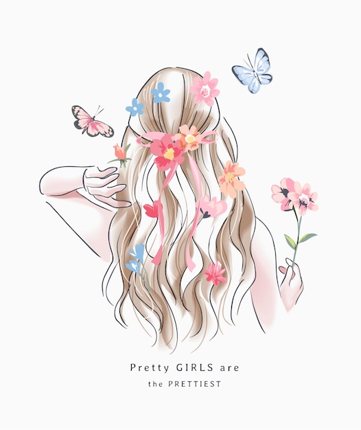 slogan ragazza felice con capelli biondi ragazza con illustrazione di fiori colorati