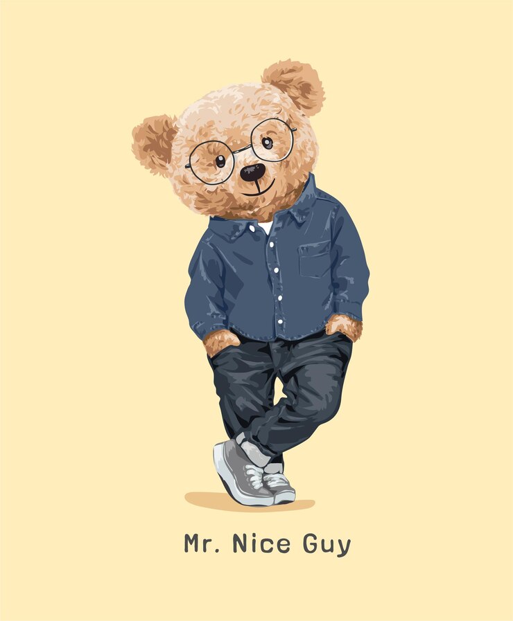 Slogan simpatico ragazzo con bambola orso in piedi gambe incrociate illustrazione