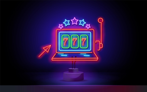 Slot machine è una raccolta di insegne al neon di insegne al neon per icone di giochi di macchine da gioco per casinò vect...
