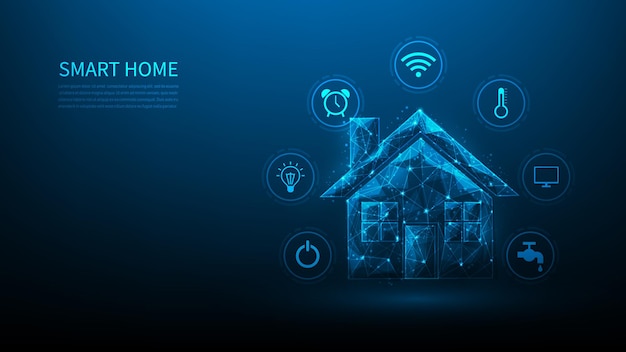 Smart home internet delle cose su sfondo blu scuro. sistema e tecnologia di controllo domestico.