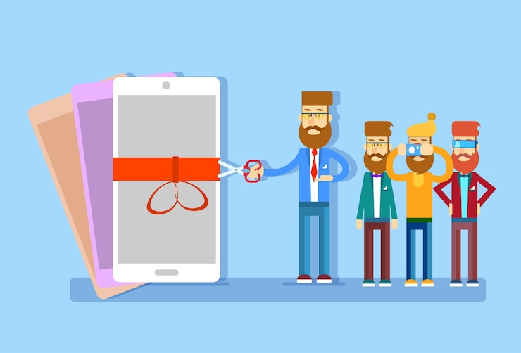 Vettore smart phone delle cellule del modello di presentazione dell'uomo di affari nuovo