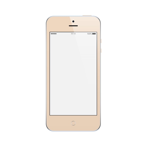 Smartphone color oro rosa con touchscreen vuoto isolato su bianco.