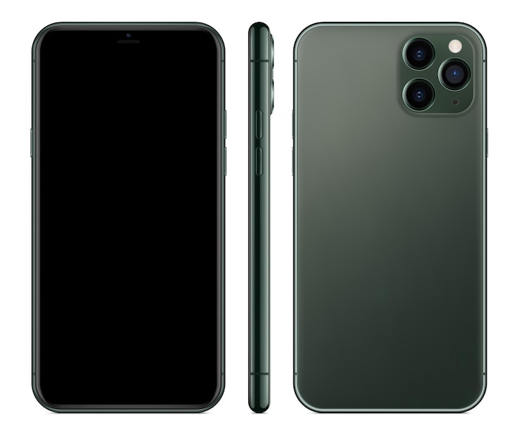 Vettore smartphone colore verde con schermo nero fronte retro e vista laterale su sfondo bianco