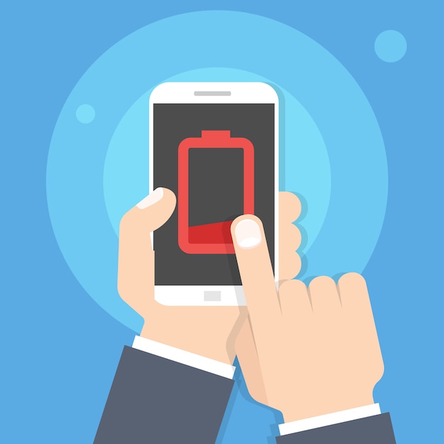 Smartphone con batteria scarica in mano. Illustrazione vettoriale di stile piano