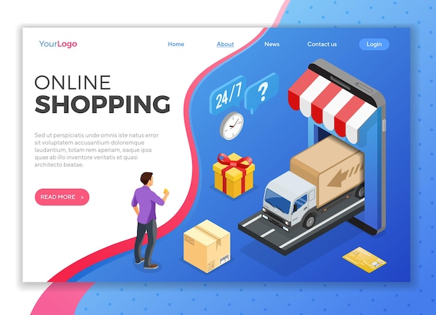 Smartphone con consegna online, scatola, persone. Acquisti su Internet e concetto di pagamenti elettronici online. Icone isometriche. modello di pagina di destinazione. illustrazione vettoriale isolato