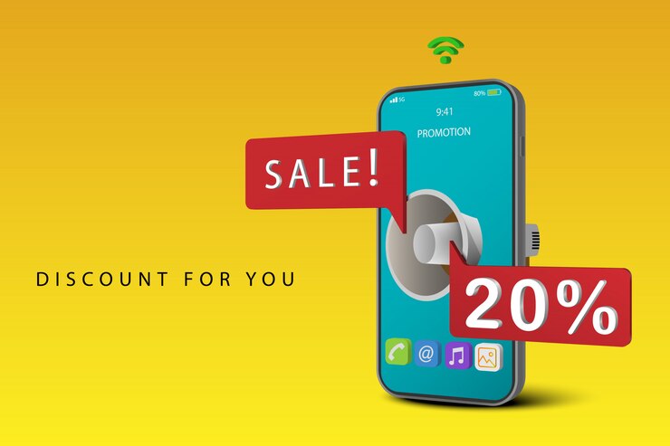 Vettore smartphone con megafono informa sconto, banner di vendita