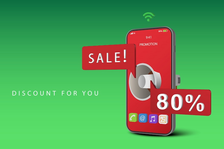Vettore smartphone con megafono informa sconto, banner di vendita
