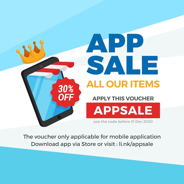 Vettore smartphone con tenda a righe negozio per la vendita di app e-commerce, promozione banner sconto buono.