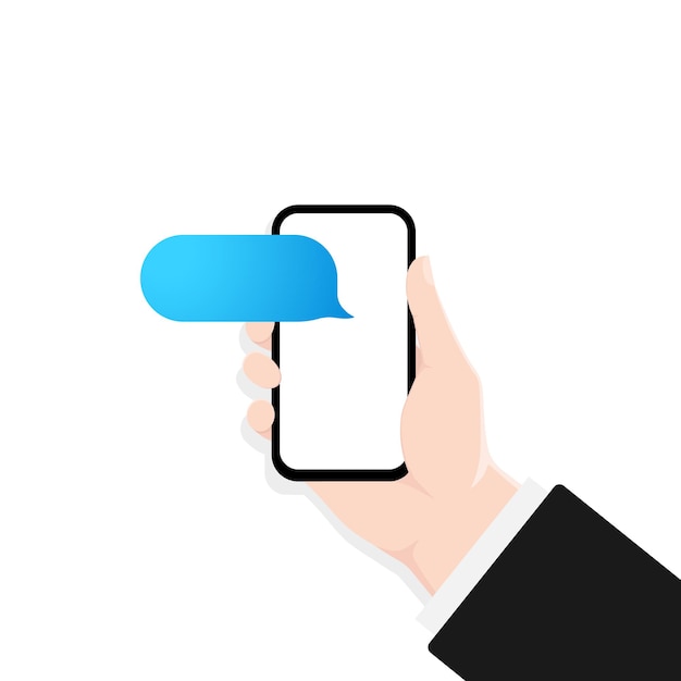 smartphone della tenuta della mano con l'illustrazione della finestra di dialogo. messaggio vuoto. discorso bolla