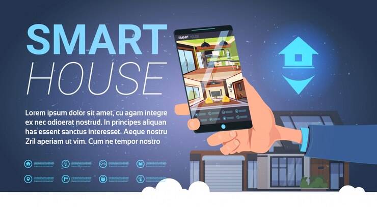 Vettore smartphone della tenuta della mano della casa intelligente con l'applicazione di controllo, tecnologia moderna di automazione domestica