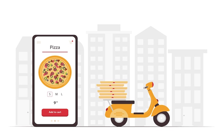 Vettore smartphone per ordini online di cibo consegna pizza pagina di destinazione del concetto di consegna cibo