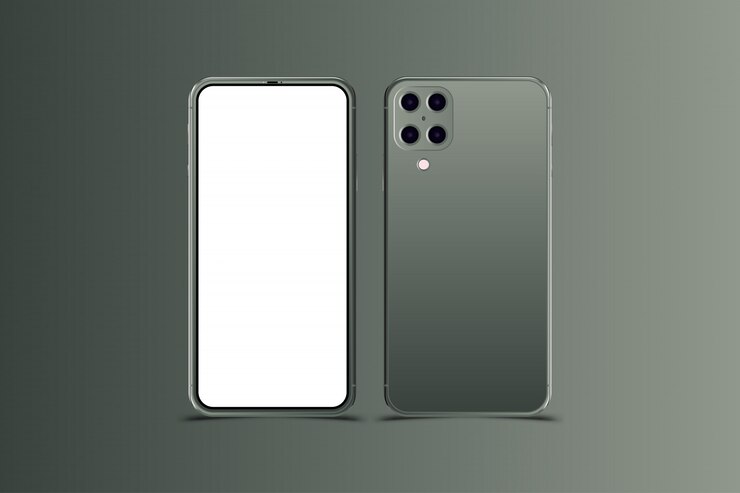 Vettore smartphone realistici. telefono di nuova generazione in colore verde mezzanotte.