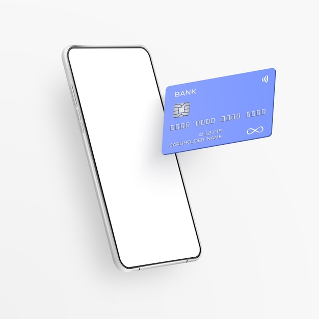 Smartphone realistico bianco e carta di credito in plastica
