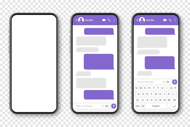Smartphone realistico con app di messaggistica, cornice di conversazione SMS vuota, schermo di chat con viola