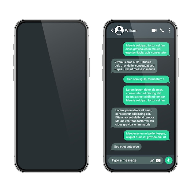 Smartphone realistico con app di messaggistica sms cornice di testo conversazione schermo di chat con messaggio verde