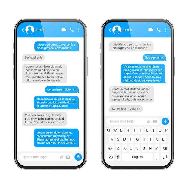 Smartphone realistico con app di messaggistica sms vuota cornice di testo conversazione schermo di chat con blu