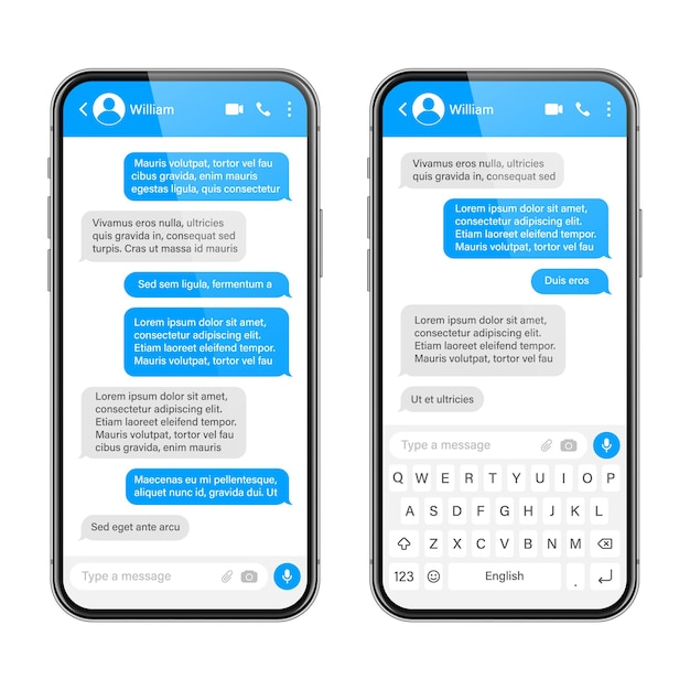 Smartphone realistico con app di messaggistica sms vuota cornice di testo conversazione schermo di chat con blu