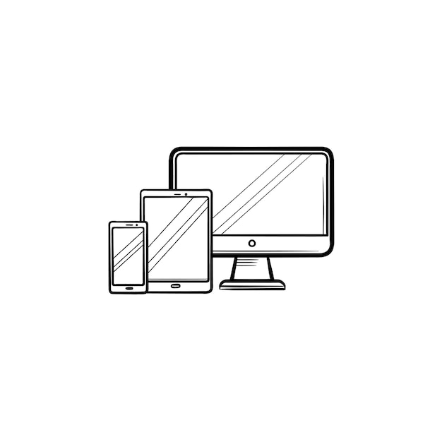 Smartphone, tablet e monitor icona di doodle di contorni disegnati a mano. Dispositivi digitali moderni, concetto multimediale