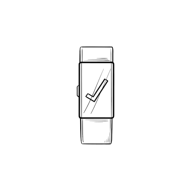 Smartwatch con icona di doodle di contorno disegnato a mano segno di spunta. Orologio digitale, gadget, concetto di interfaccia dell'orologio