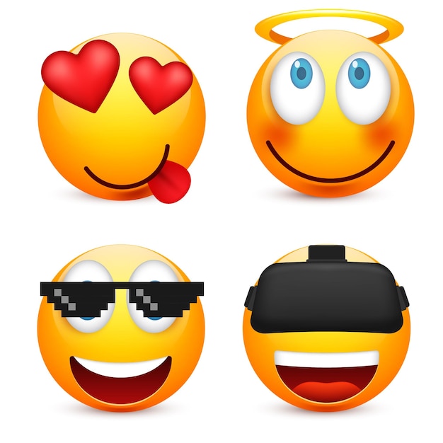 Smileyemoticon set Faccia gialla con emozioniumore espressione facciale emoji realistica Sadhappyangry facce Personaggio di cartone animato divertente