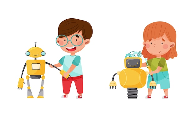 Smiling Little Boy and Girl Ingegneria e configurazione del set vettoriale del robot