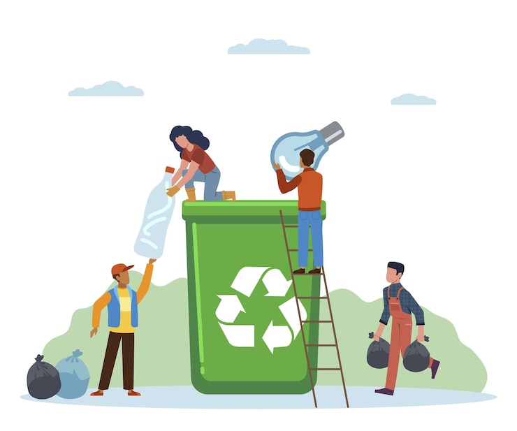Vettore smistamento dei rifiuti. le piccole persone attiviste gettano rifiuti in contenitori, donne e uomini separano la spazzatura in una lattina verde, l'inquinamento protegge e l'ecologia ricicla il concetto piatto di vettore del fumetto illustrazione isolata