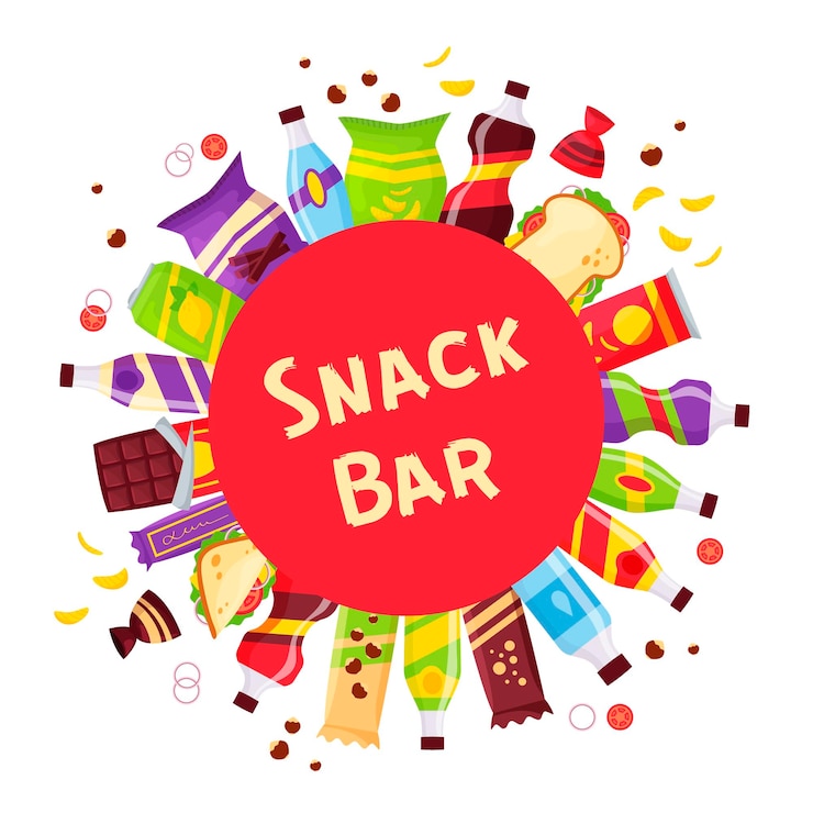 Vettore snack bar cerchio banner fast food e bevande prodotti bottiglie di bevande sandwich in confezione soda e succo elementi del negozio di alimentari per il design del mercato in stile cartone animato vettore