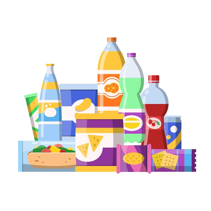 Vettore snack cibo snack prodotti non salutari cracker acqua patatine cioccolato immagine vettoriale