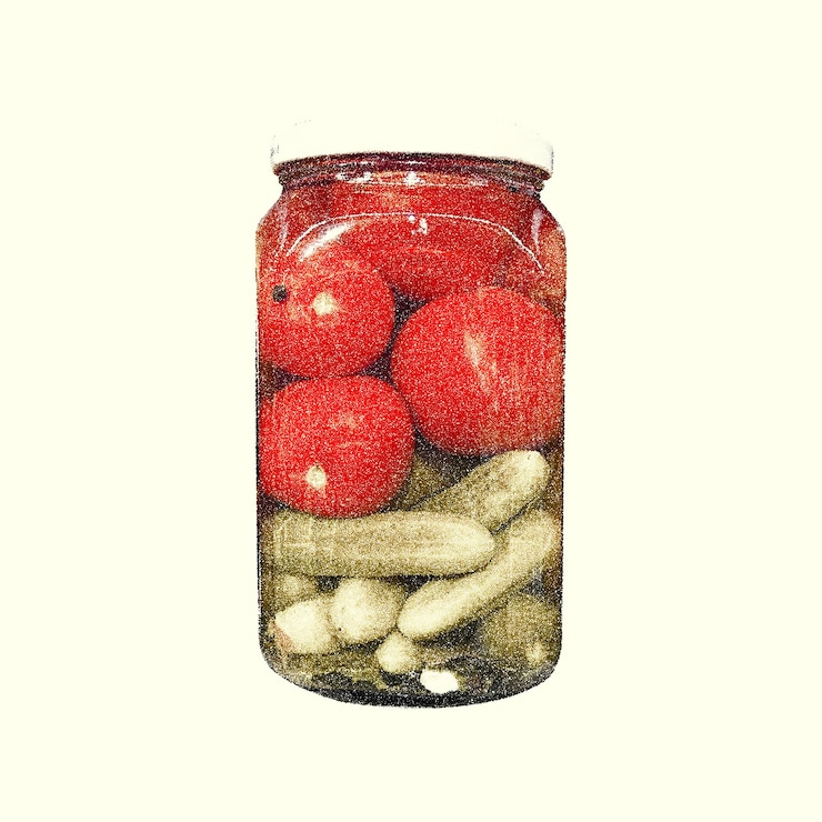 Vettore snack in salamoia con pomodori vivaci e cetrioli assortiti in un'estetica di mezza tonalità alla moda
