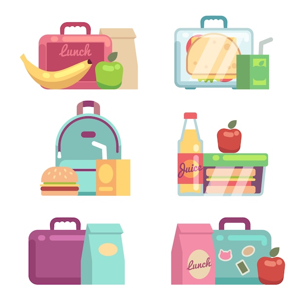 Snack per bambini. Insieme di vettore delle scatole del pranzo scolastico. Contenitore con illustrazione di pranzo, pranzo e pranzo
