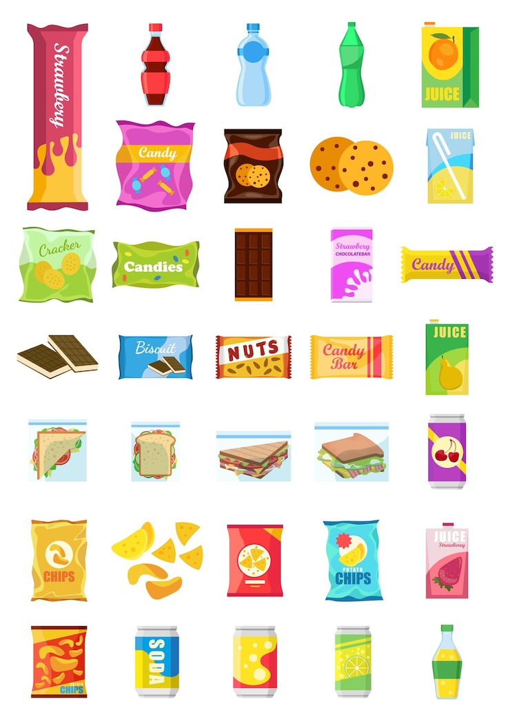 Vettore snack set di prodotti fast food snack bevande noci patatine cracker succo panino isolato su sfondo bianco cibo spazzatura non salutare illustrazione piatta in vettore