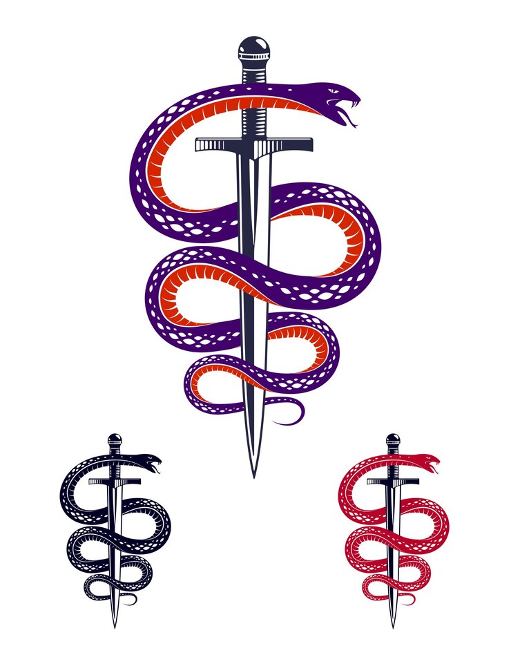 Vettore snake and dagger, serpent avvolge un tatuaggio vintage vettoriale di spada, life is a fight concept, logo allegorico o emblema di un antico simbolo.