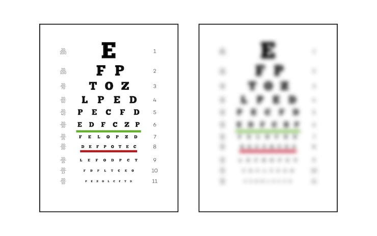 Vettore snellen test dell'occhio grafico nitido e non nitido