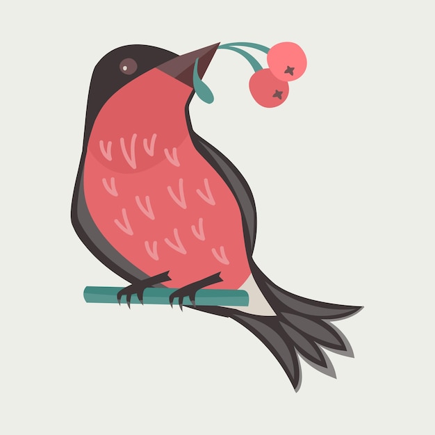 Snigir uccello con bacche nel becco in formato vettoriale in stile cartone animato