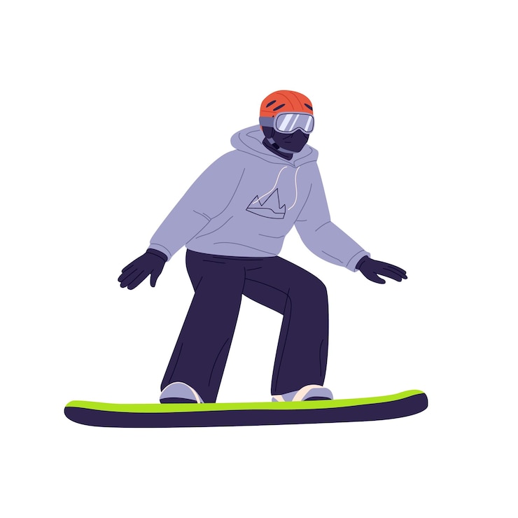 Vettore snowboarder scorrevole uomo attivo in sella a snowboard persona in occhiali da casco e abbigliamento invernale in piedi sulla tavola da neve attività sportive estreme illustrazione vettoriale piatta isolata su sfondo bianco