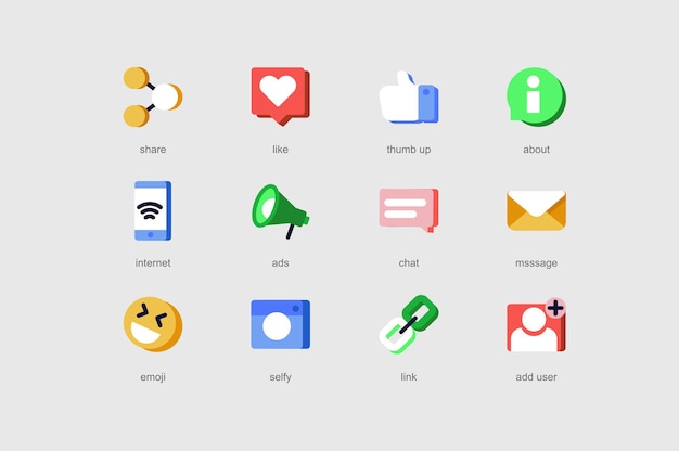 Social media delle icone web impostate in un design piatto Pacchetto di condivisione come il pollice in su sulla chat degli annunci su Internet