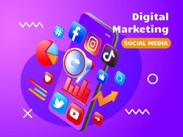 social media di marketing digitale con smartphone e megafono
