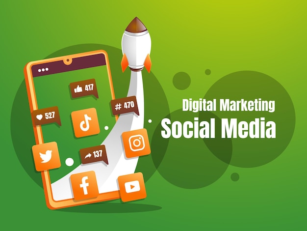 social media marketing con smartphone e logo dei social media a razzo